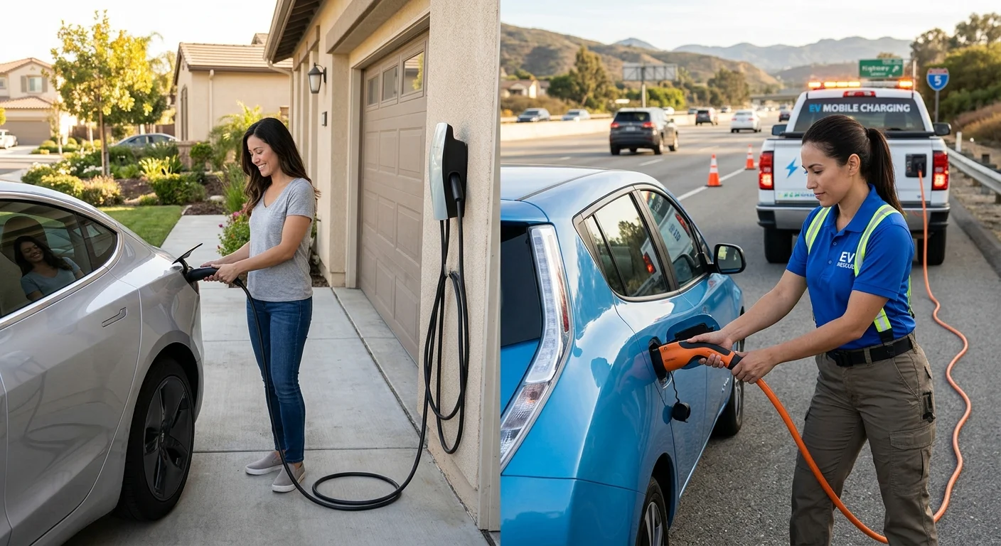 A split view of an EV plugged into a wall charger and another EV stopped on a roadside shoulder
