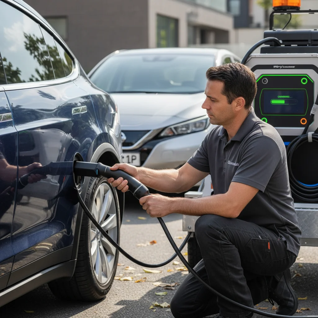 Technician beside an EV with a portable charger cable in the charge port
