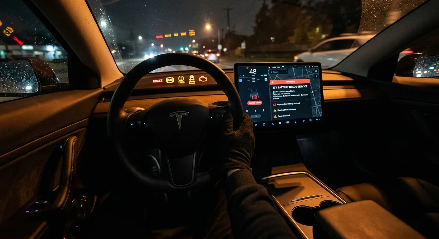 An EV dashboard showing a 12-volt battery service warning after the auxiliary battery failed
