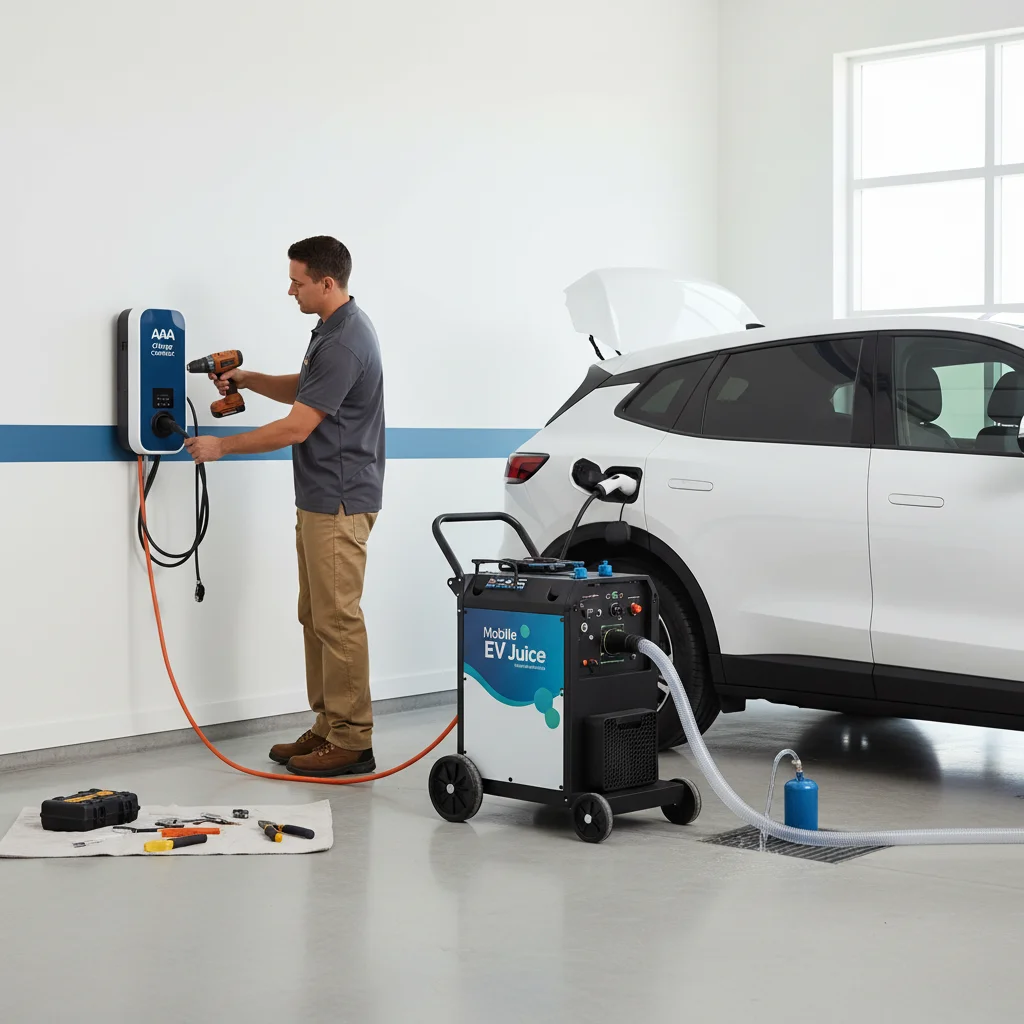 Split scene of a flatbed loading an EV and a van plugged into another EV at the roadside