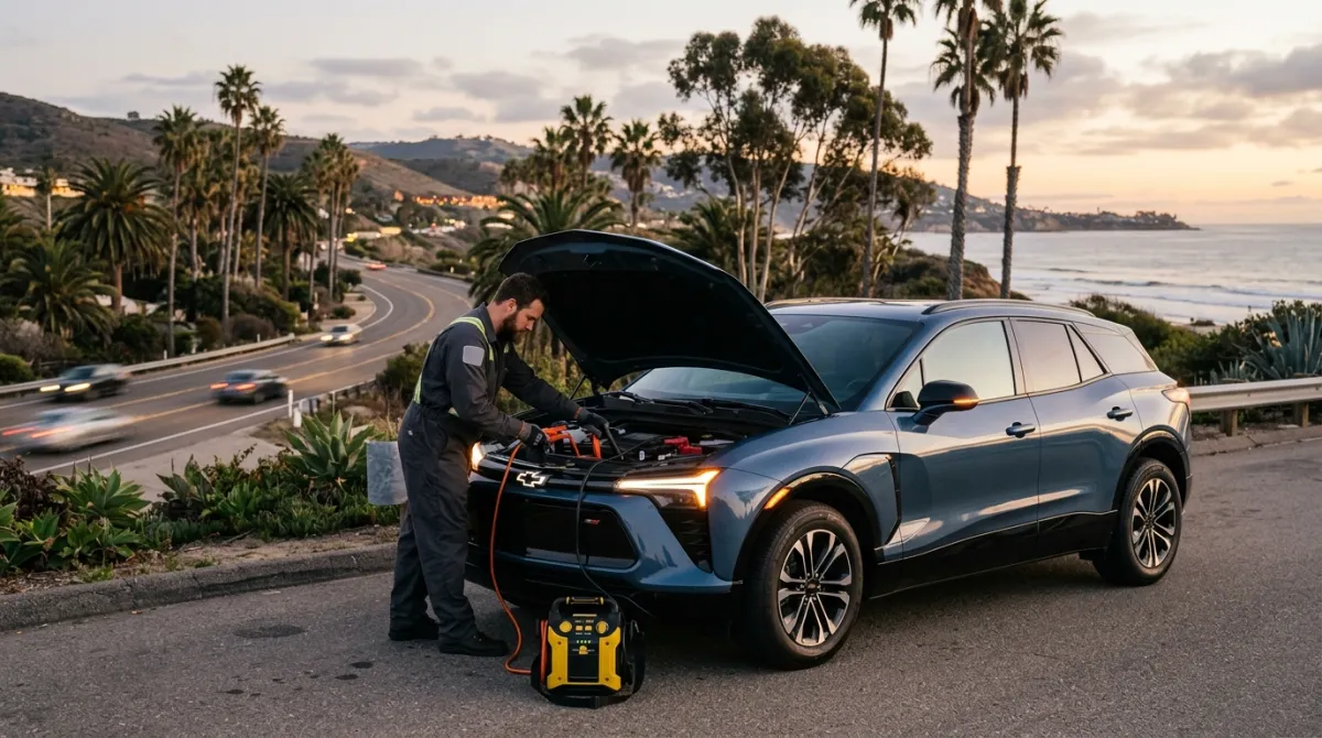 A mobile rescue vehicle parked beside a Chevy Blazer EV with a dark cabin on a roadside shoulder.