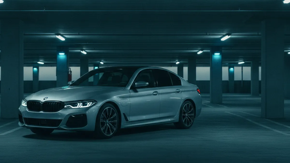 A dark-dashboard BMW sedan in a parking garage, showing a no-start with no interior lights.