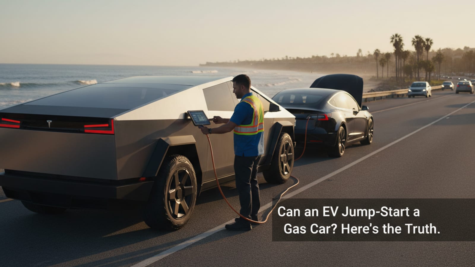 Jumper cable clamps beside a compact electric car on a paved highway shoulder