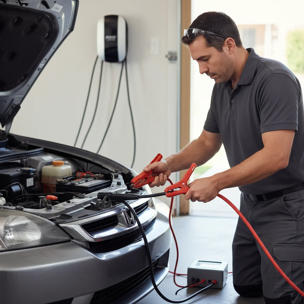 Close-up of jumper cables near an open hood on a roadside shoulder