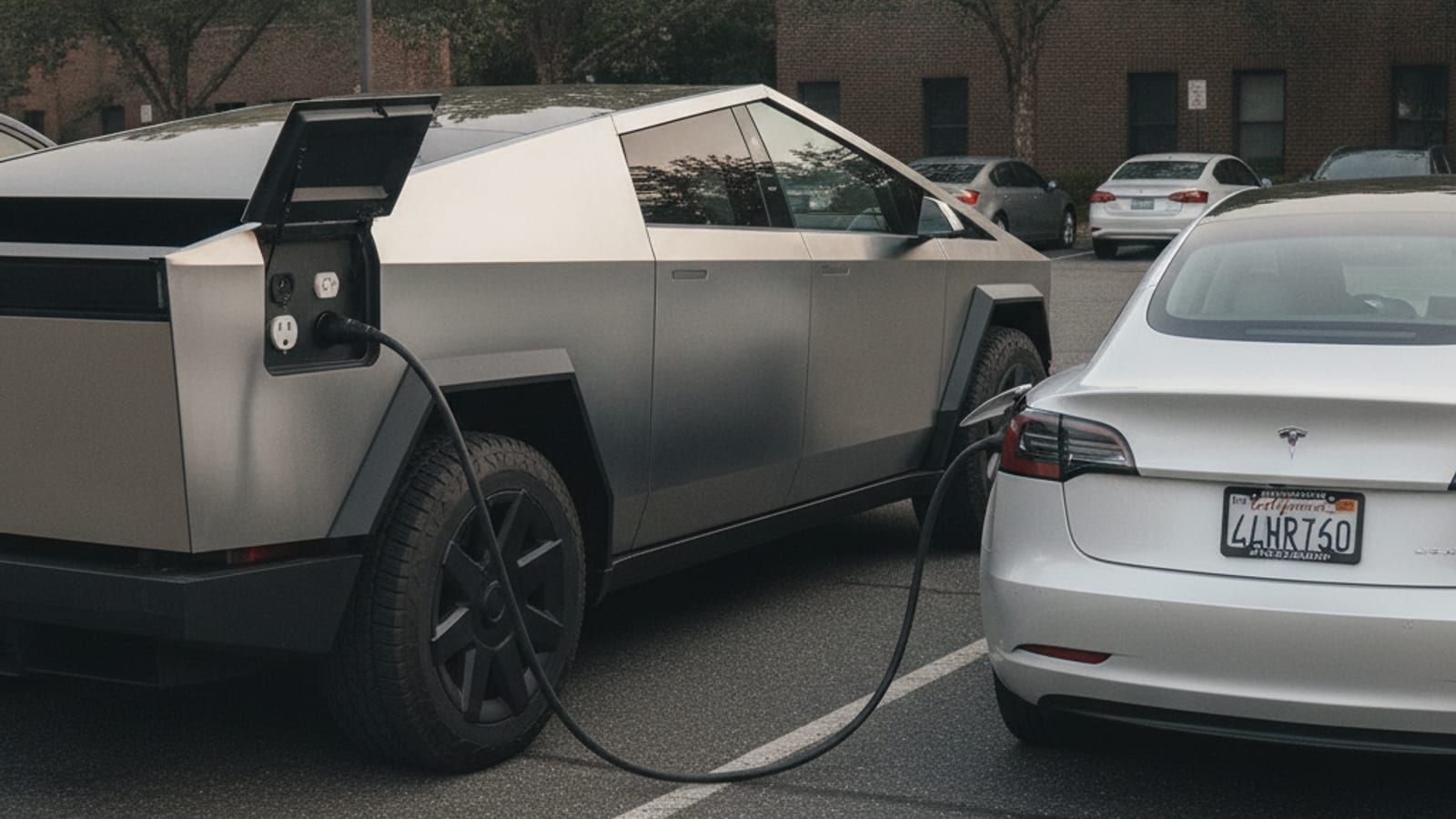 Two electric cars on a roadside shoulder with a charging cable running between their charge ports
