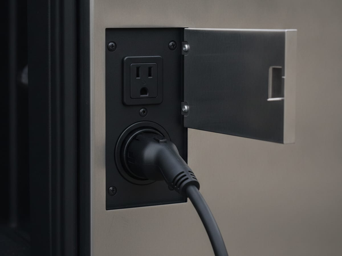 Close-up of a 240-volt outlet on a truck bed wall with a charging cable plugged in