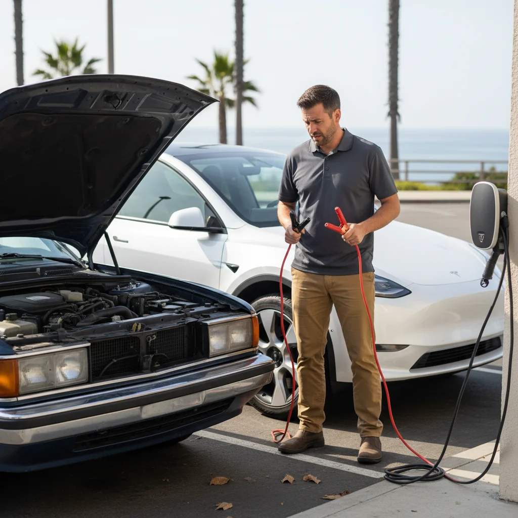Driver holding jumper cables between an EV and a conventional car with its hood open on a roadside shoulder.