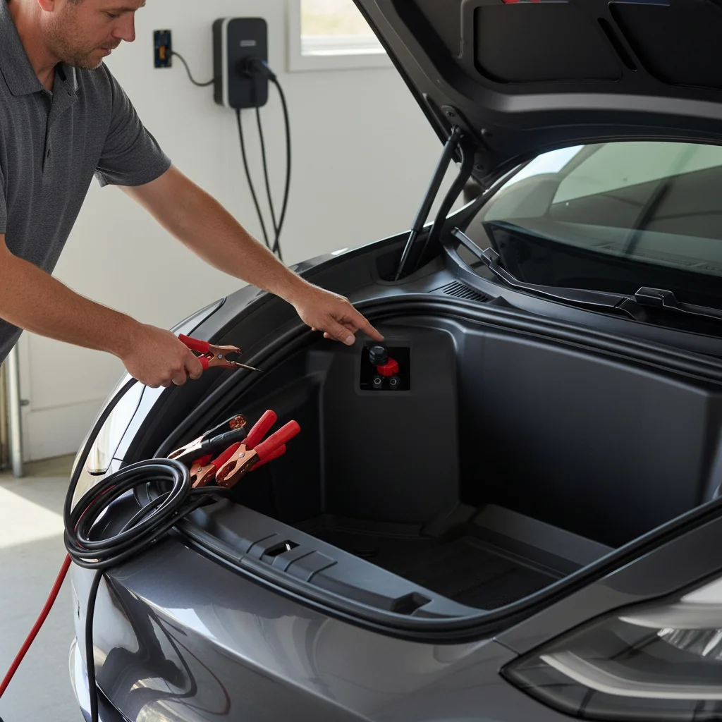 Jumper cable clamps next to an EV frunk access panel and 12-volt terminals.