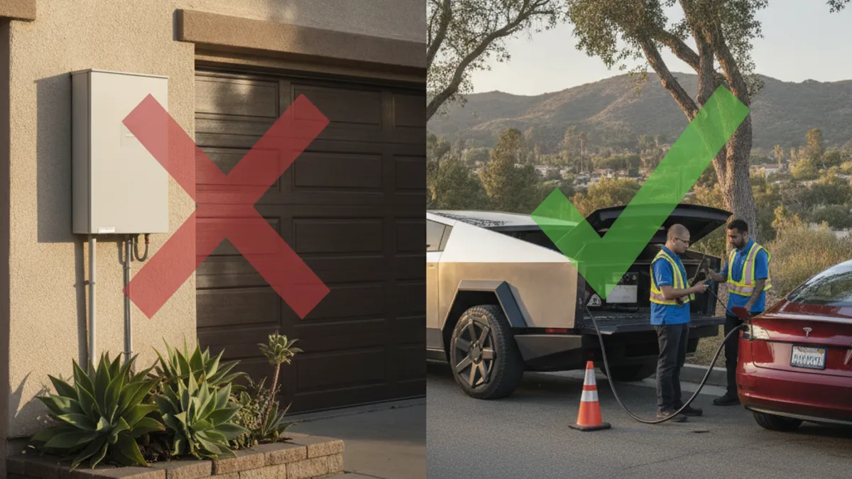Split photo of a wall-mounted home battery marked with a red X, and a mobile charging truck at a stranded EV marked with a green check