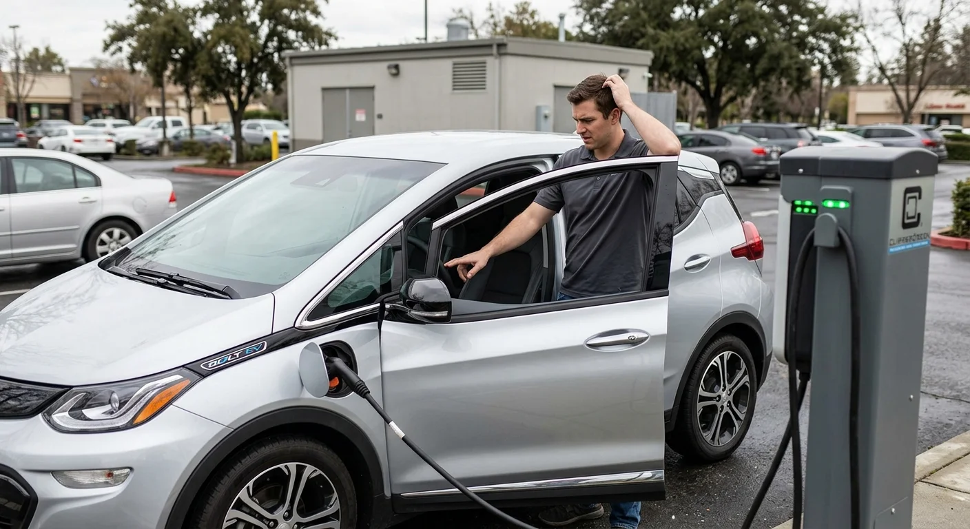 A driver checking a dark Chevy Bolt charge screen at a public charging stall