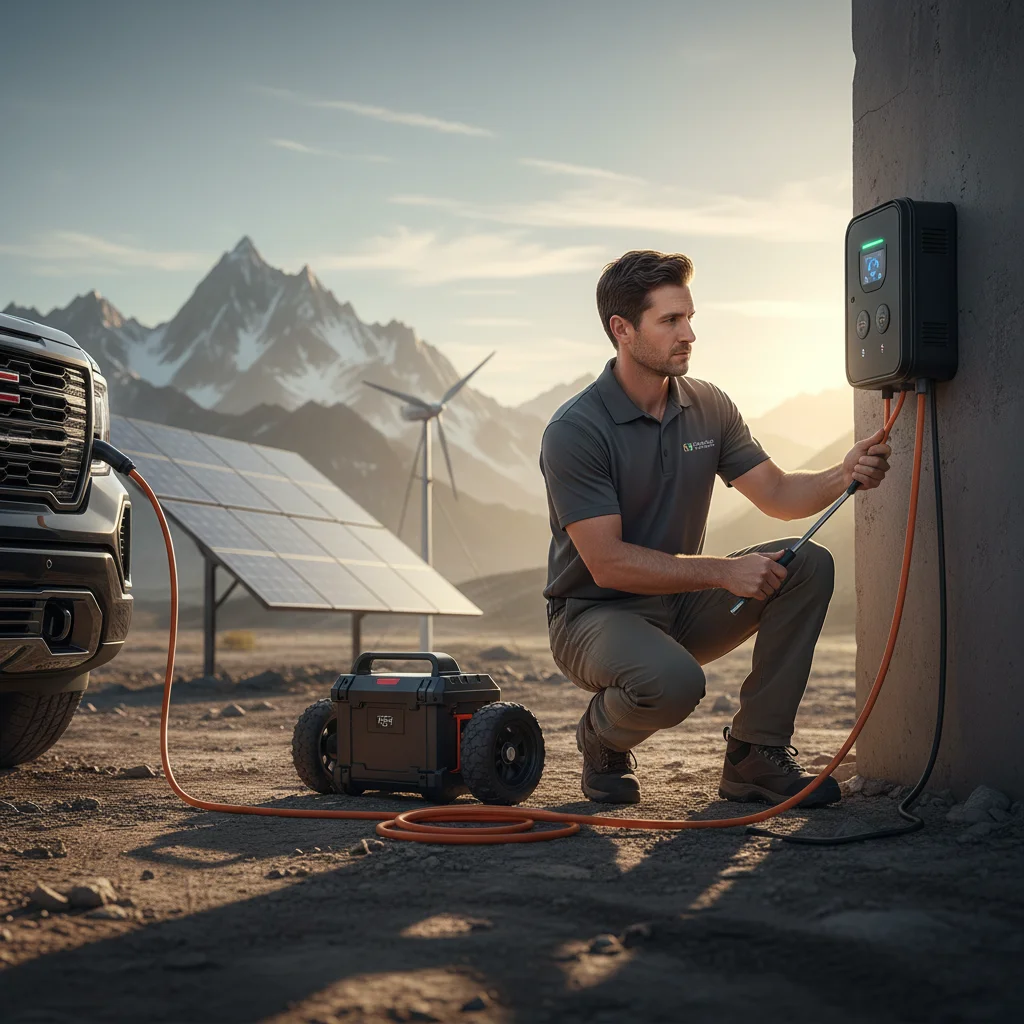A technician plugging a portable charger into a stalled electric delivery van on a residential street