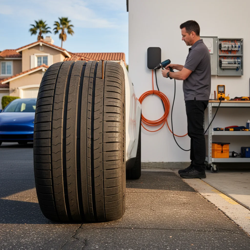 Close-up of a Tesla tire with a small puncture on a suburban DC-area street