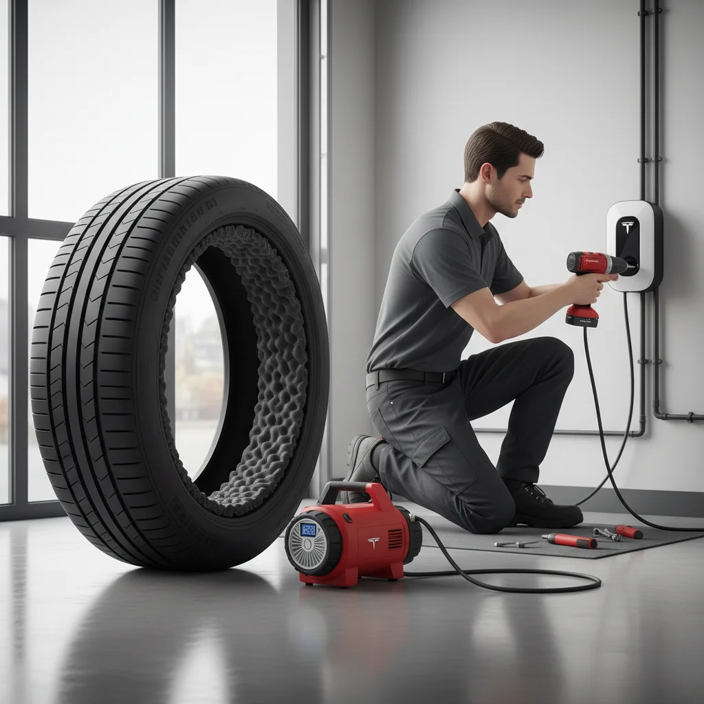 Cutaway of a Tesla acoustic foam-lined tire next to a portable tire inflator