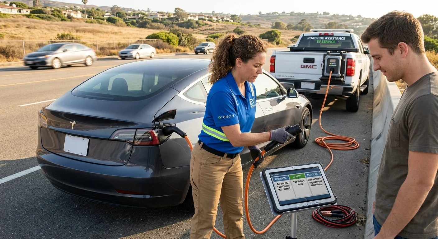 A stranded electric car parked on a shoulder while the driver checks the dash before choosing a charge, jump, or tow