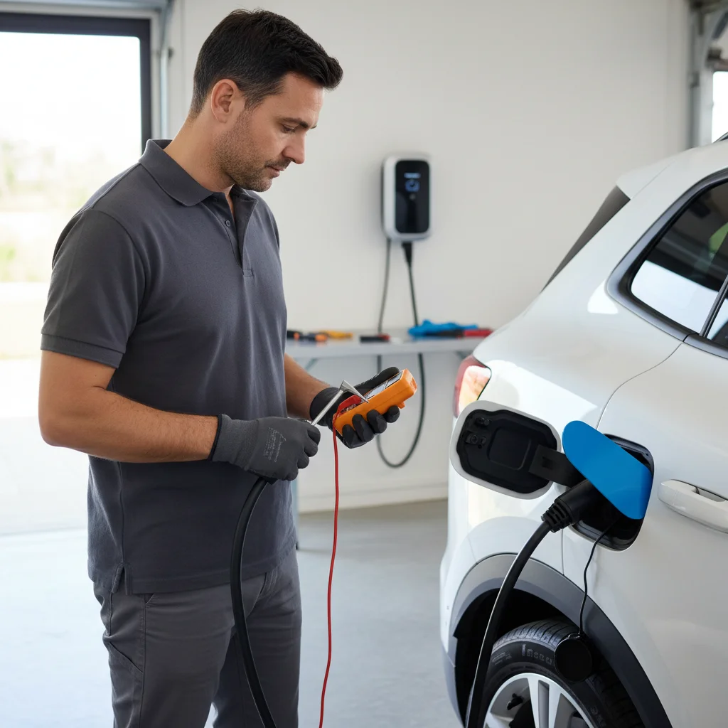 An EV charge cable seated in a crossover port, with a charge warning on the nearby dash