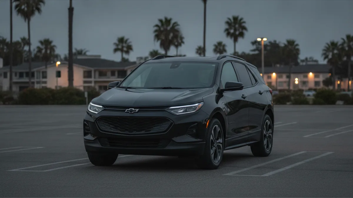 A dark Chevy Equinox EV in a driveway at dusk with no lights or dash on