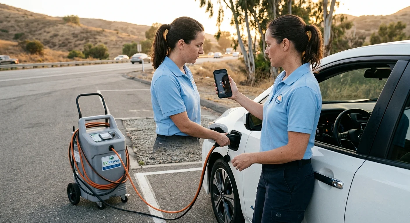 An electric vehicle parked on a paved shoulder with a dark dashboard after an earlier jump start