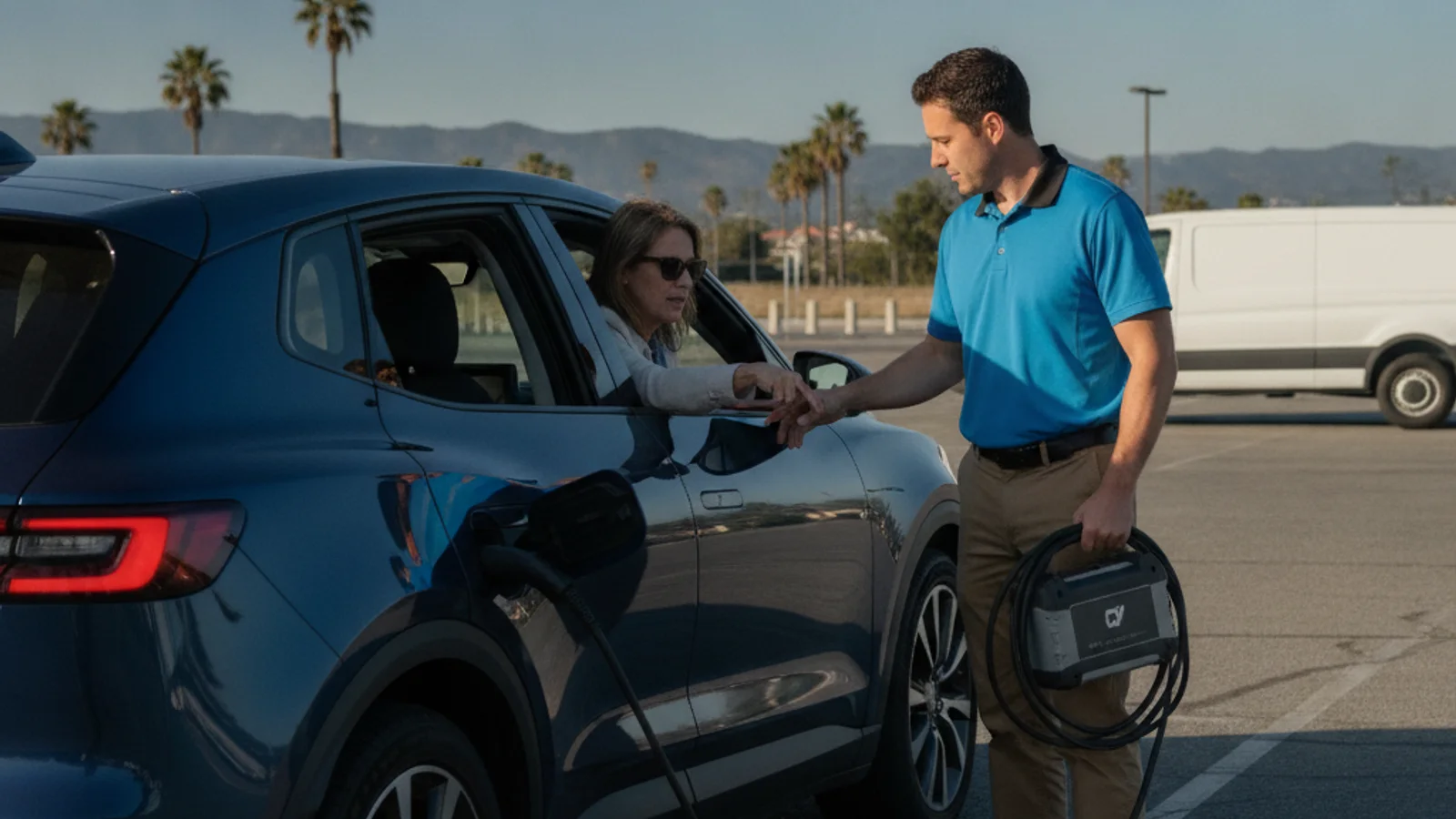 Electric car on a roadside with icons for the traction pack and 12-volt battery
