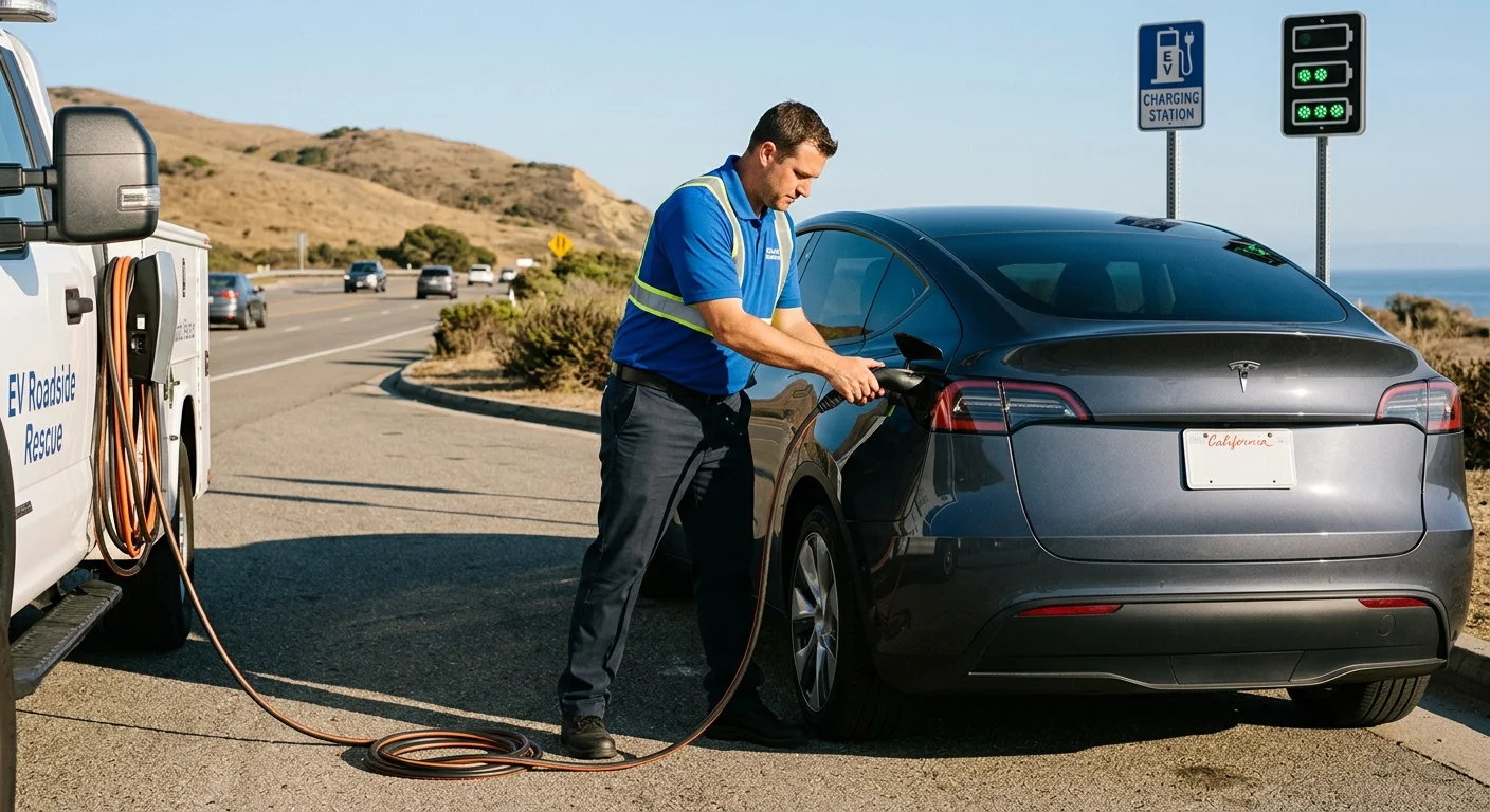 Electric car parked on a paved roadside shoulder beside charging-level icons