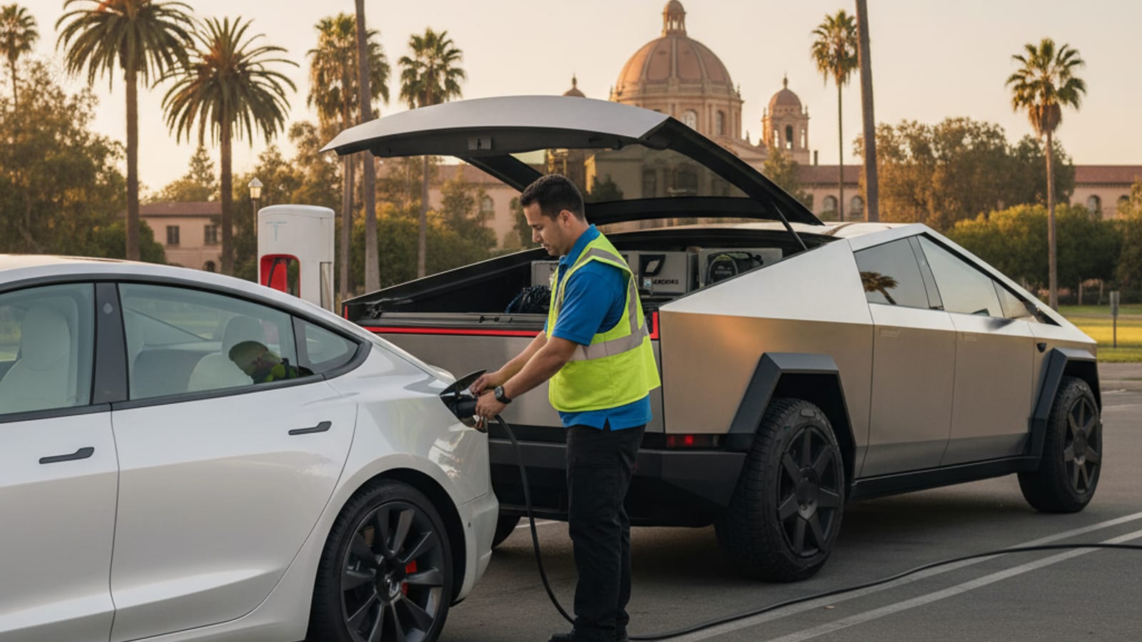 Electric vehicle parked on pavement with a charging cable at the port