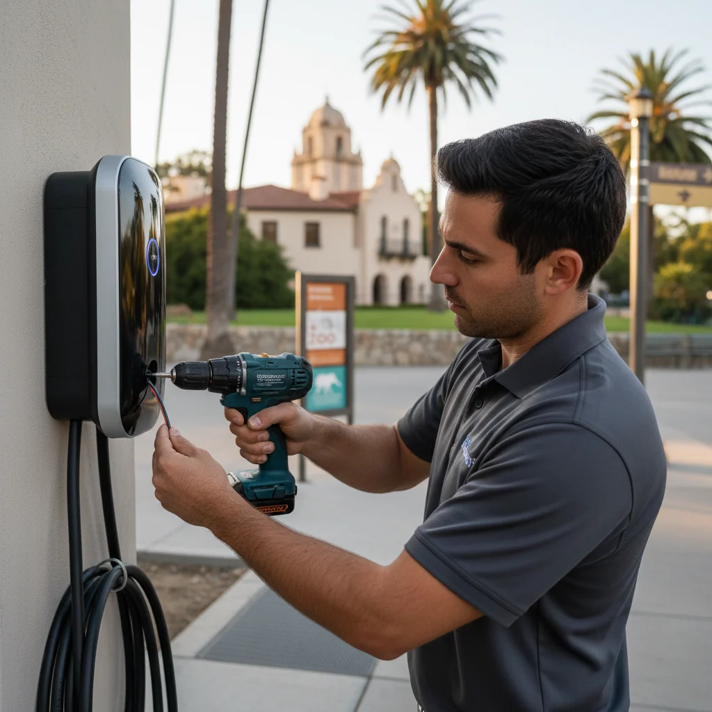 Close view of a charging cable connected to an electric car on asphalt