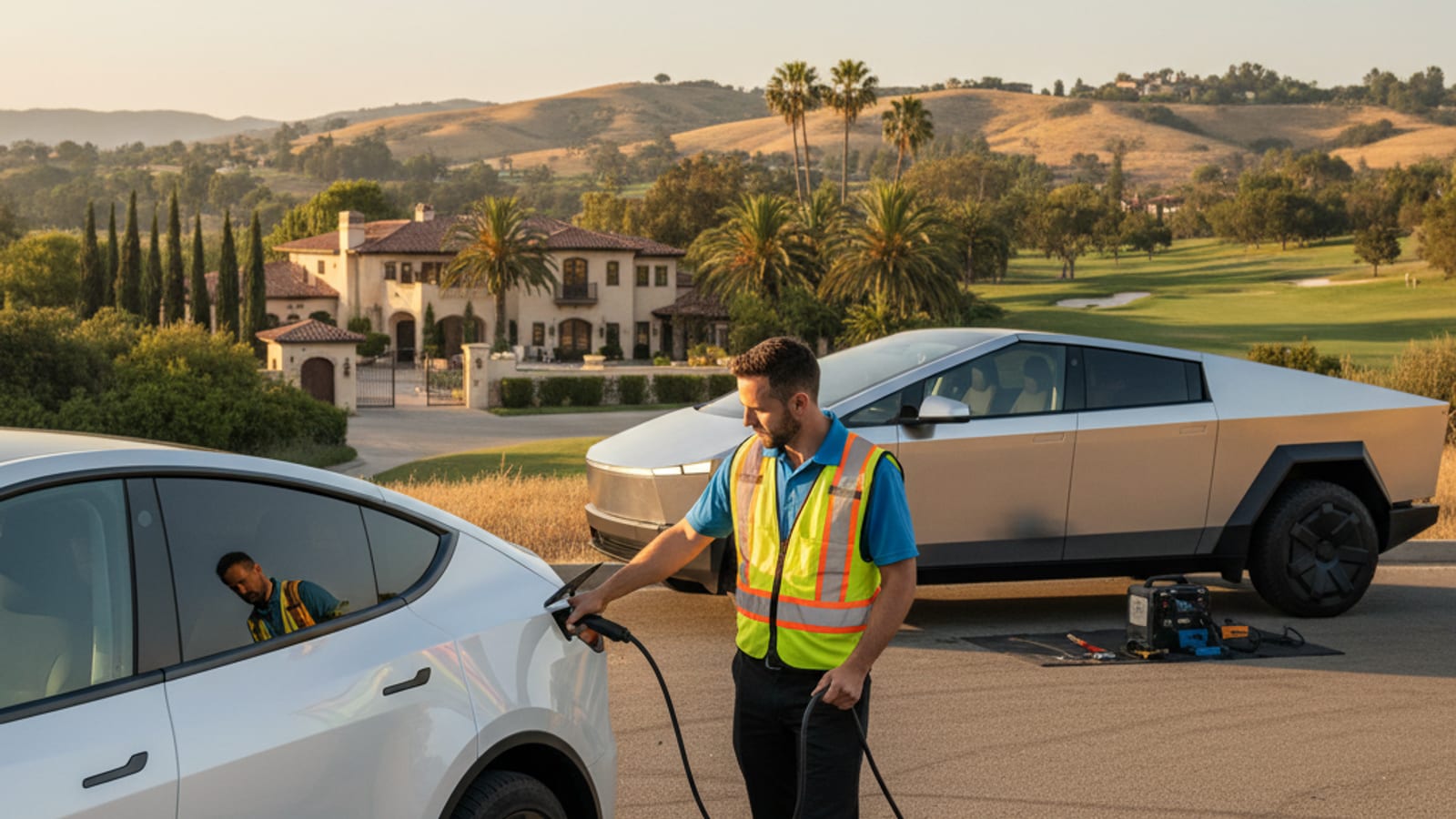 An electric car stopped on a paved shoulder with a charging cable at the charge port