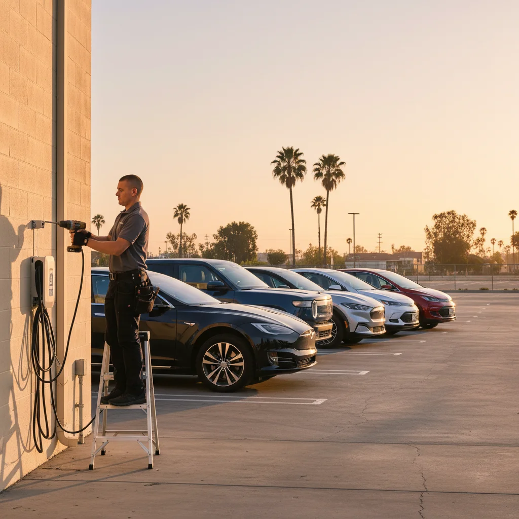 Electric vehicles parked along a paved shoulder with lights on in low evening sun