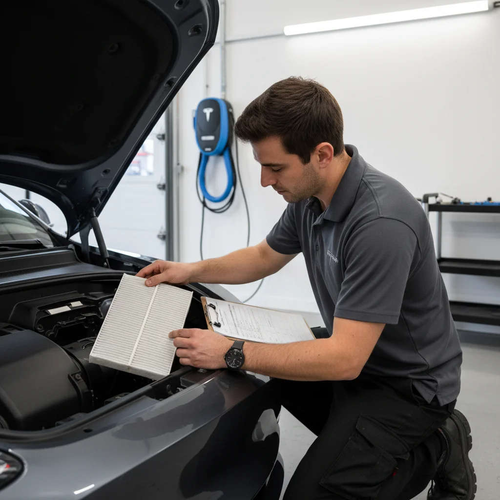 A technician with a clipboard inspects an EV cabin air filter in a workshop