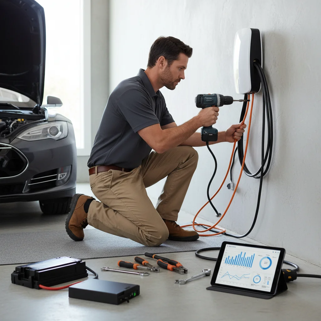 A driver checks a charging session status screen on a public EV charging kiosk in a parking garage
