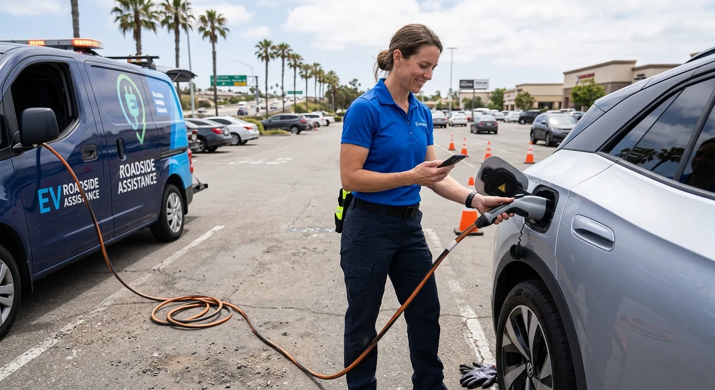 Driver beside a parked EV checking a phone with a charging cable on the pavement