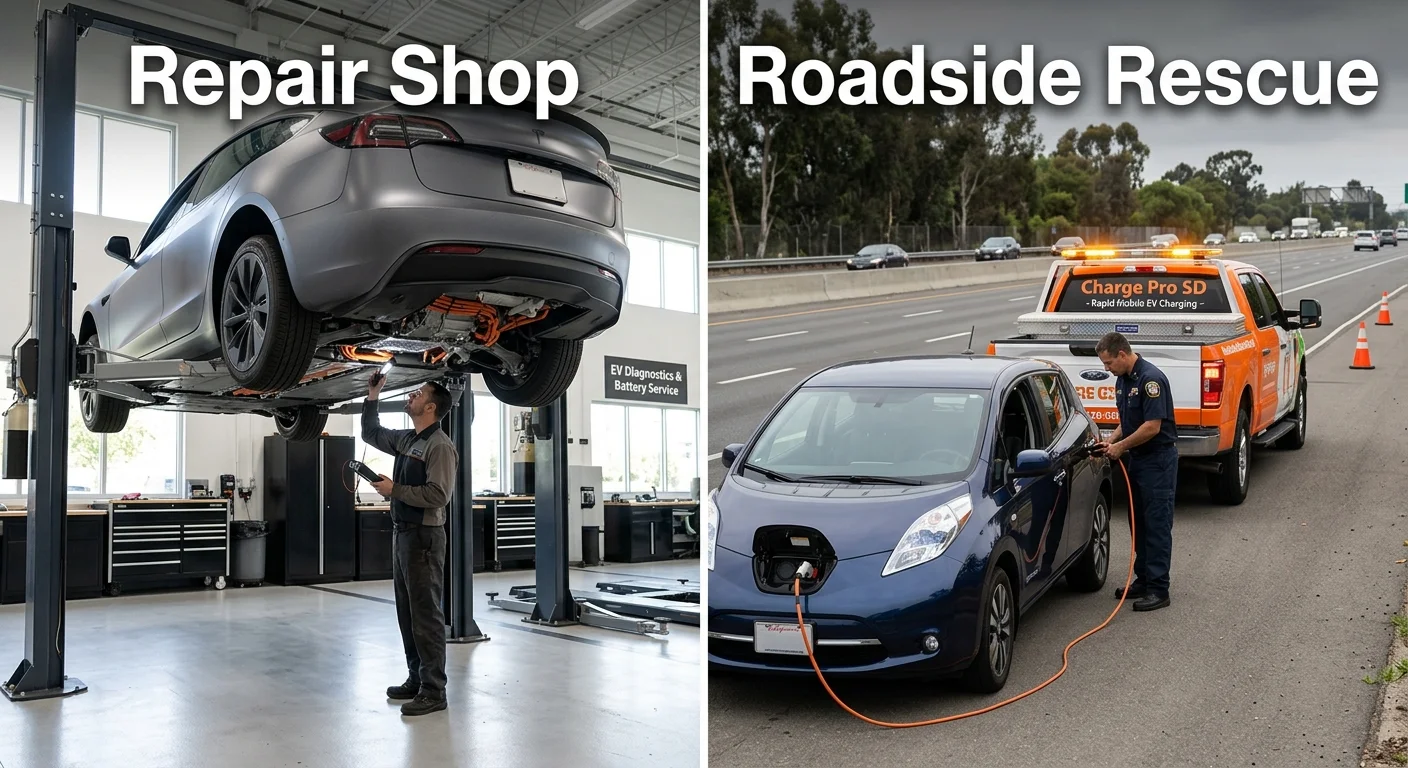 Split photo of an EV on a lift in a shop and a technician charging a stranded EV at the roadside