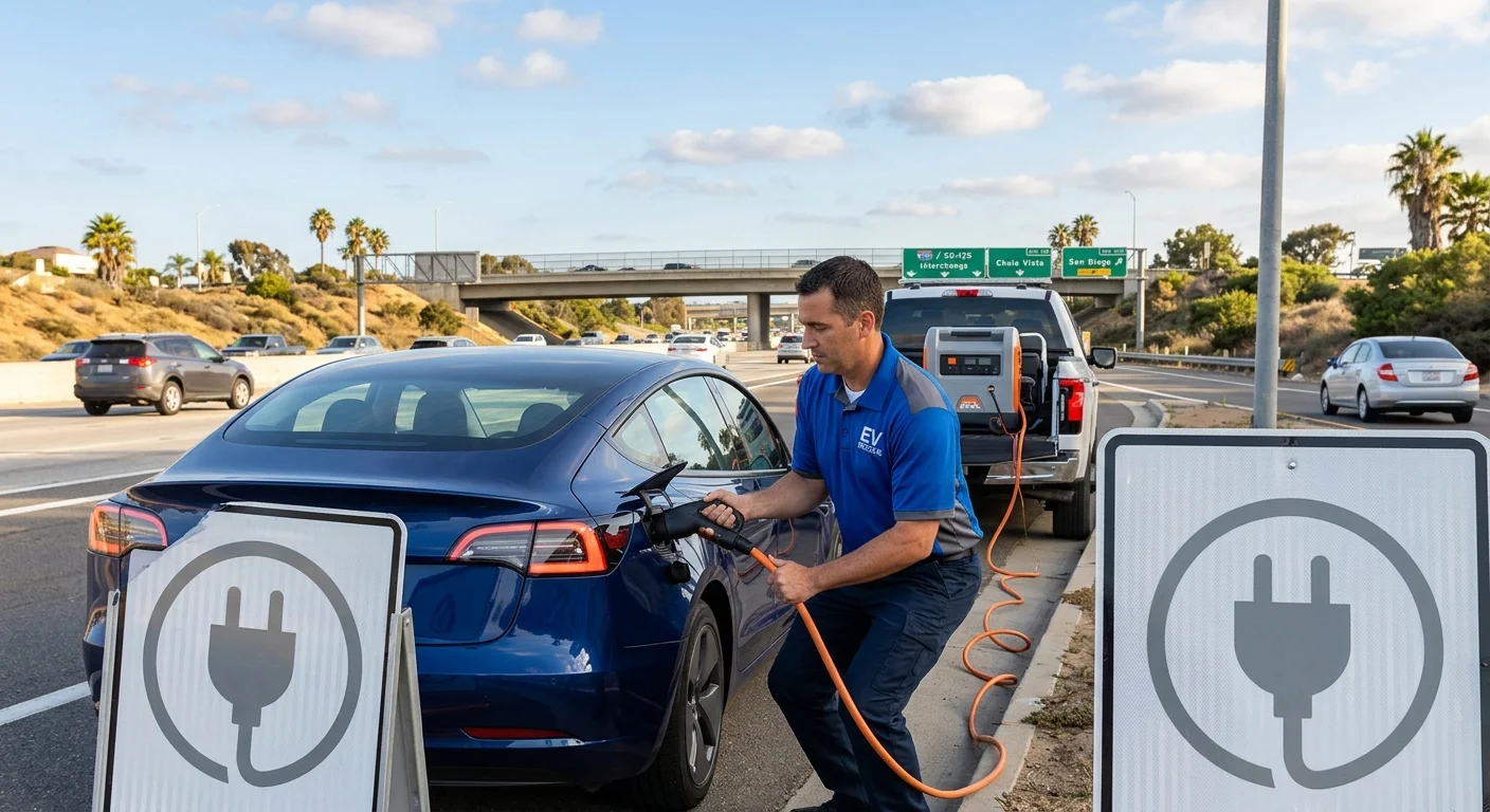 An electric car on a paved shoulder with a charging cable at the charge port