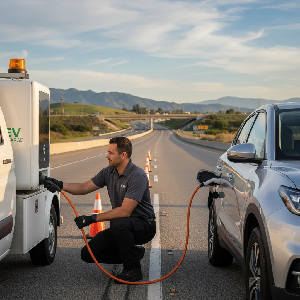 An electric SUV stopped on a highway shoulder with hazard lights on while a driver waits