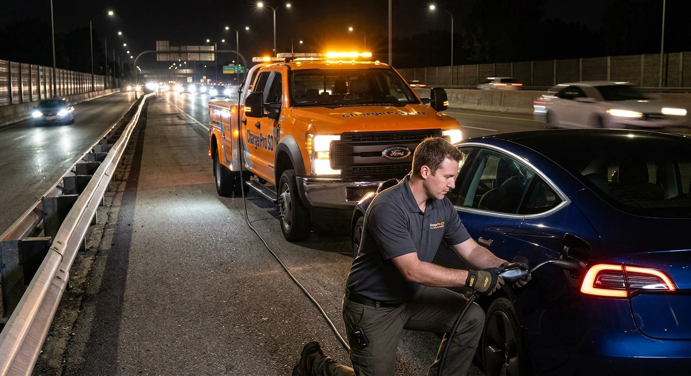 A stranded electric car on a highway shoulder at night, with a rescue truck behind it and work lights on the pavement.