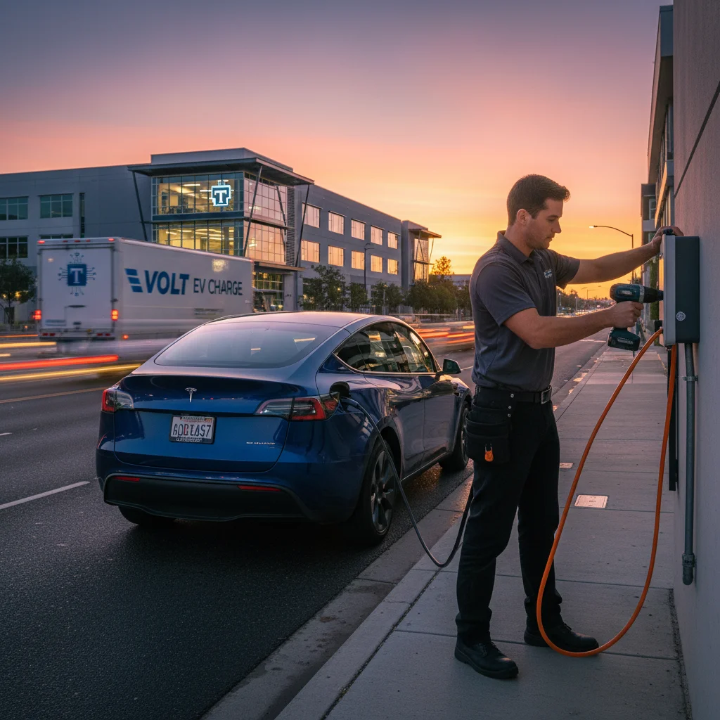 Electric SUV parked in a large outdoor lot at dusk with the driver's door open