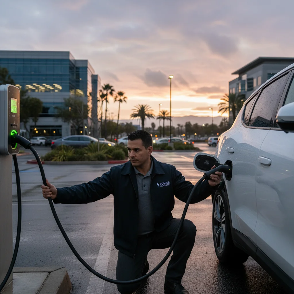 Technician plugging a portable charge cable into an EV port beside the car