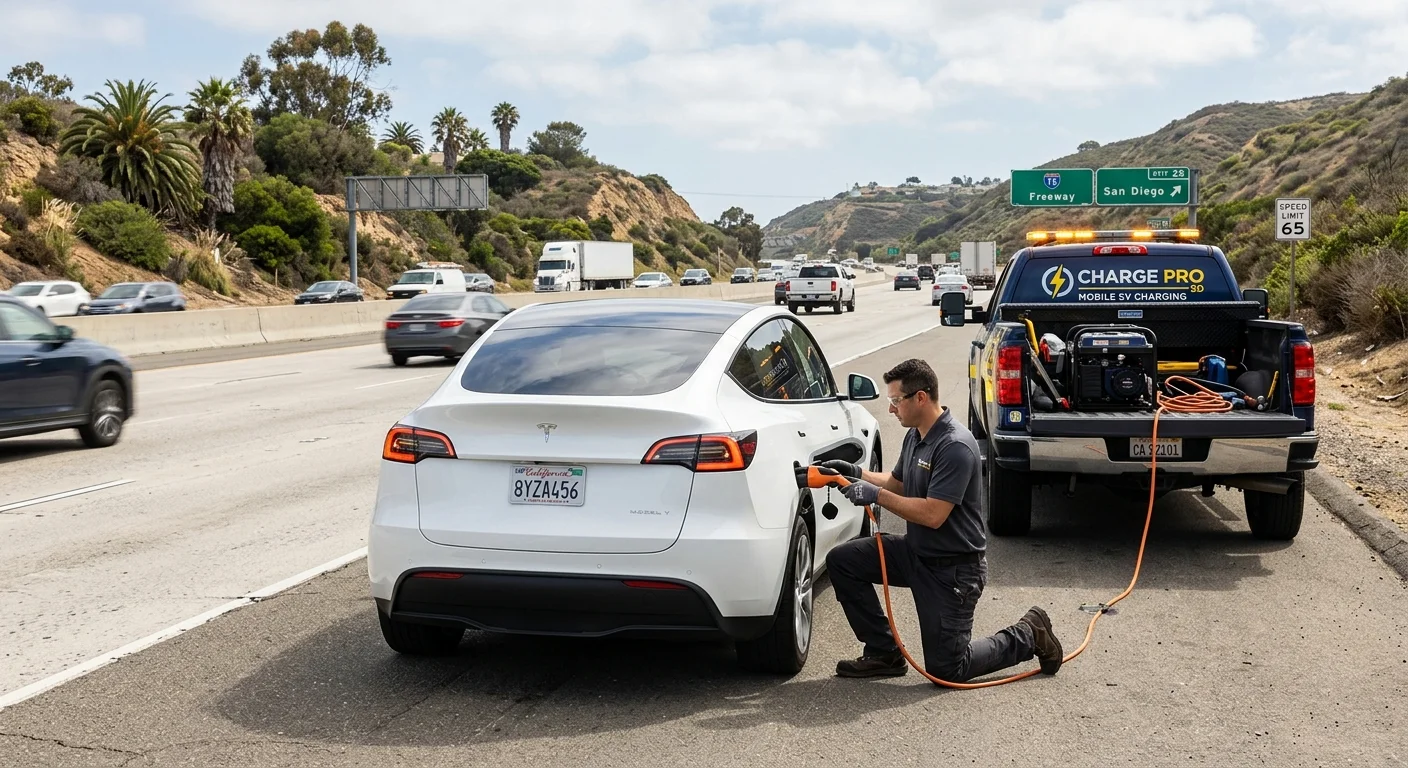 A parked electric vehicle on a highway shoulder next to a service van