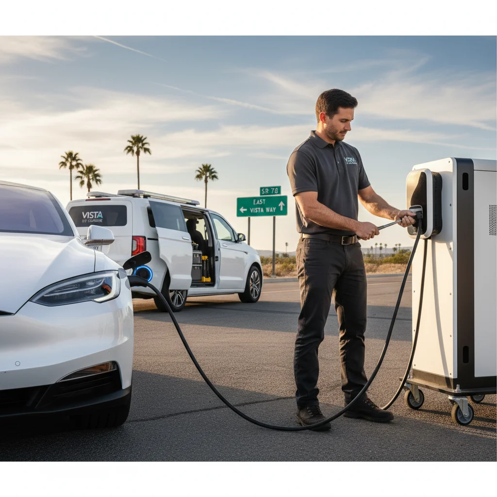 An electric car stopped on a highway shoulder as a mobile charging van approaches from behind