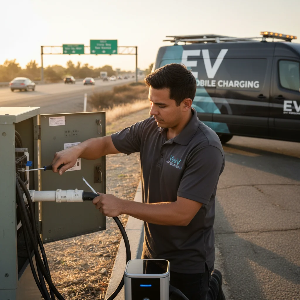 A technician connecting a charging cable to an electric vehicle at the roadside