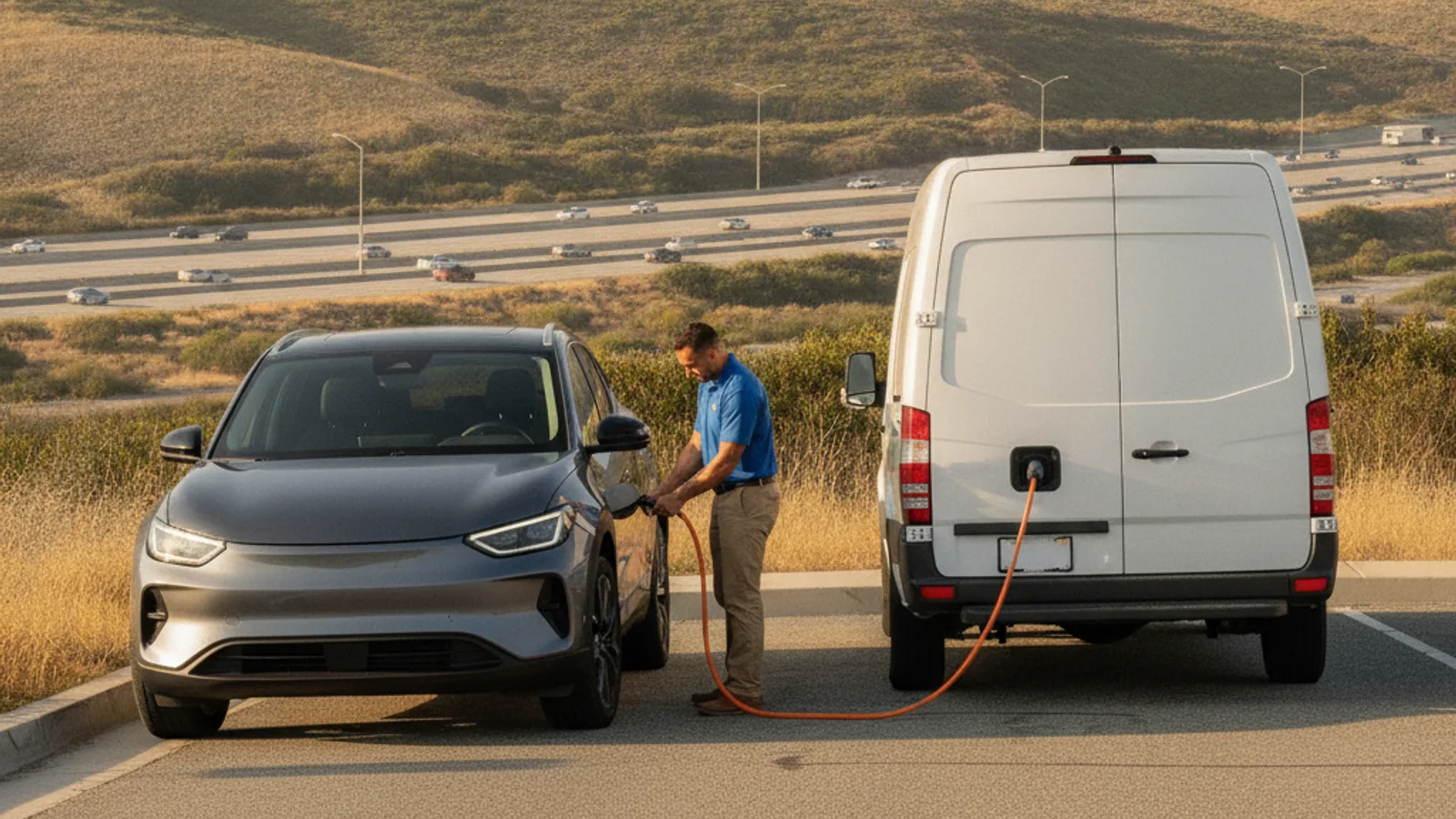 An electric vehicle parked along a roadside with the charge port closed
