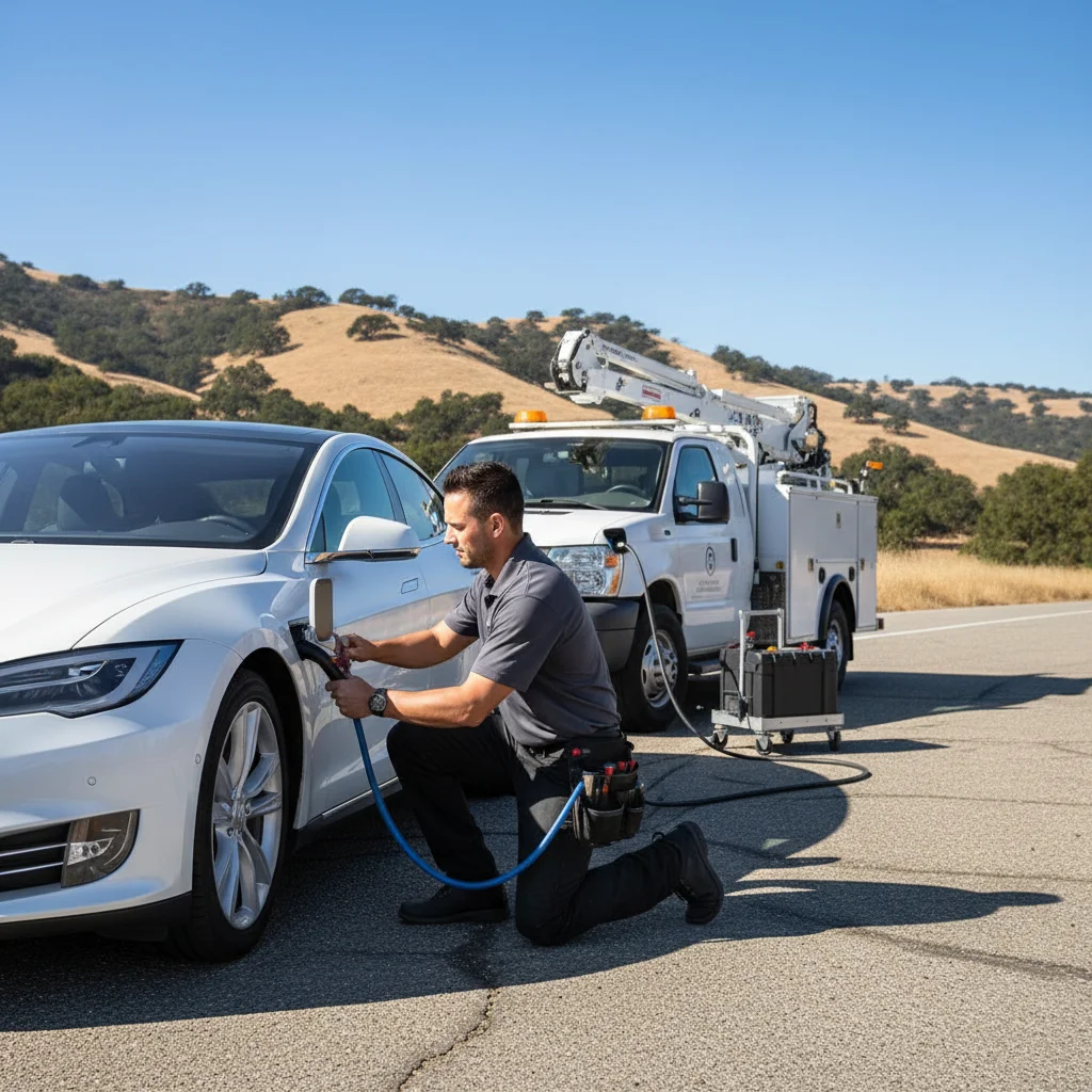 An electric car stopped on a paved shoulder with hazard lights on