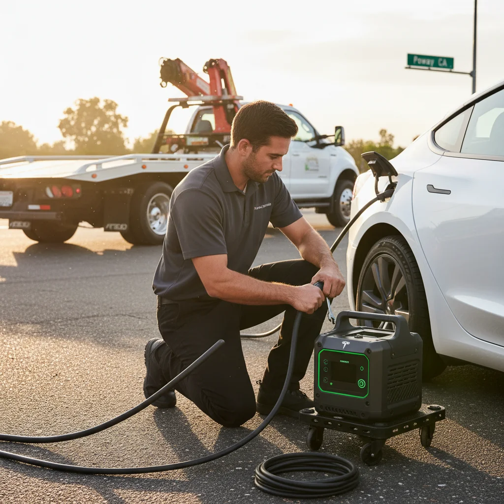 A technician plugging a charging cable into an electric SUV in a parking lot