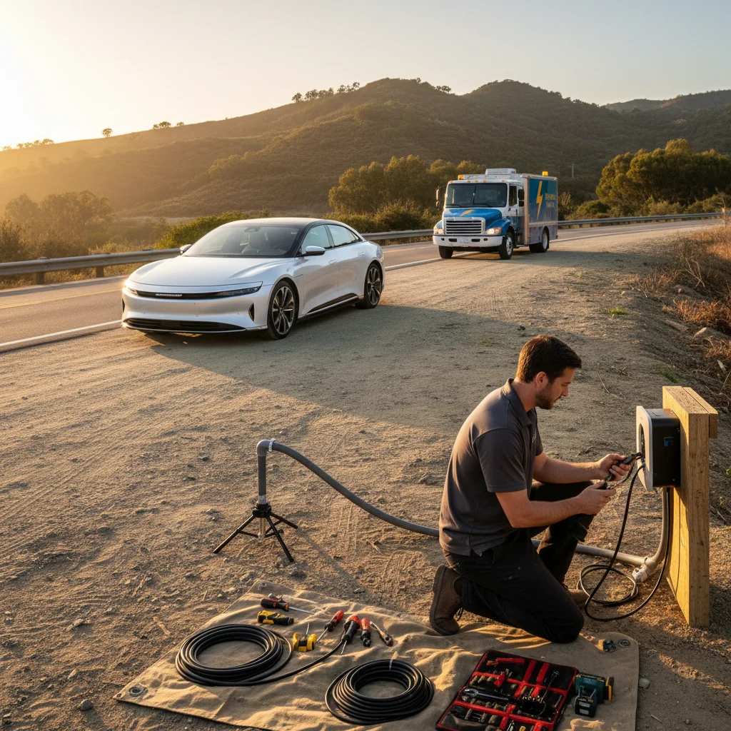 An electric car stopped on a paved shoulder with a rescue vehicle's lights behind it