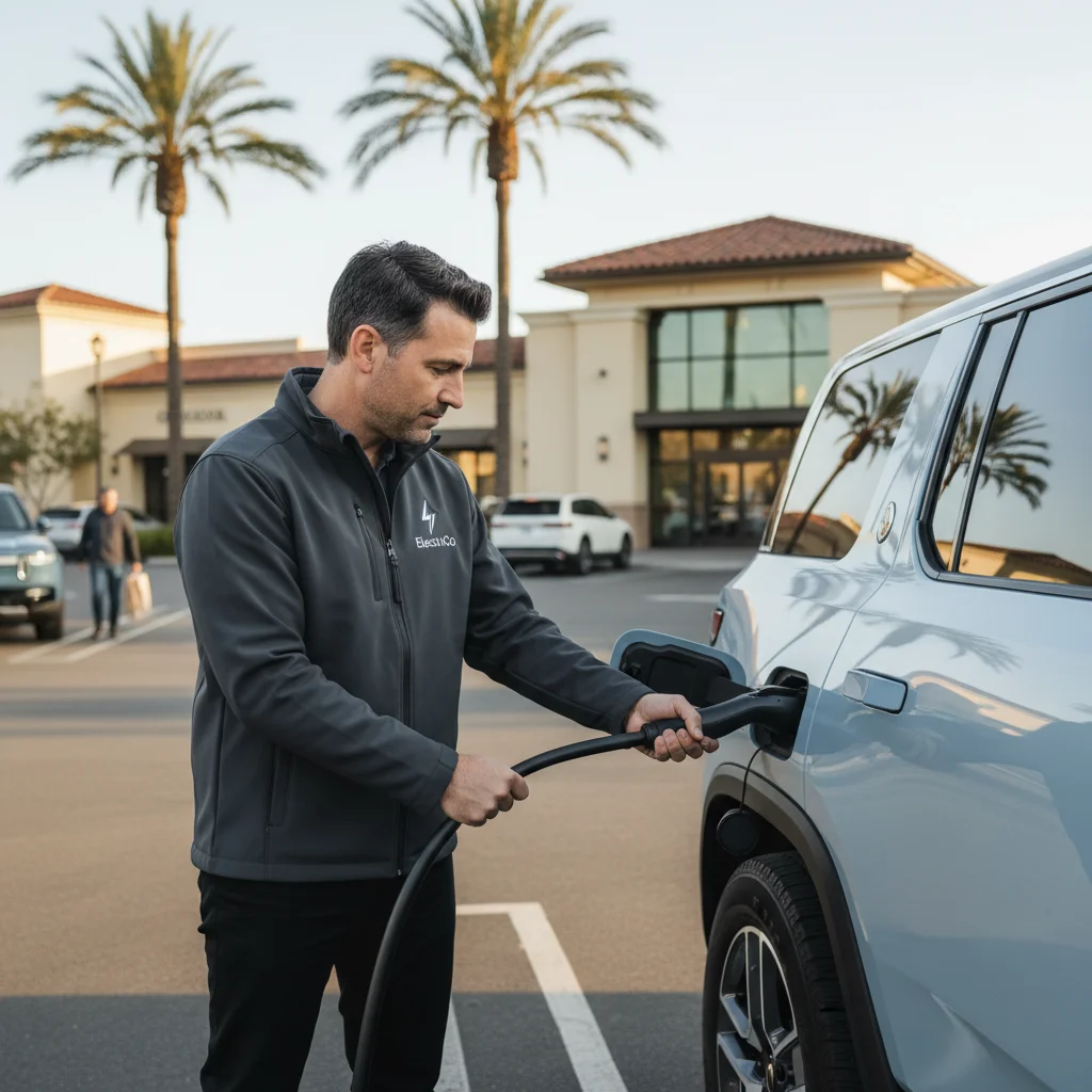 A technician plugging a charging cable into an electric SUV in a parking lot