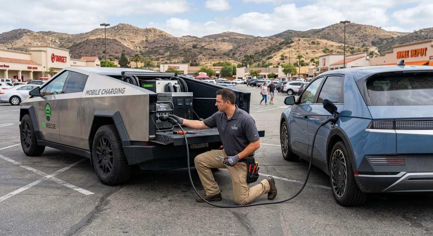 Operator charging rig parked beside a stranded electric SUV in a shopping-center lot in daylight
