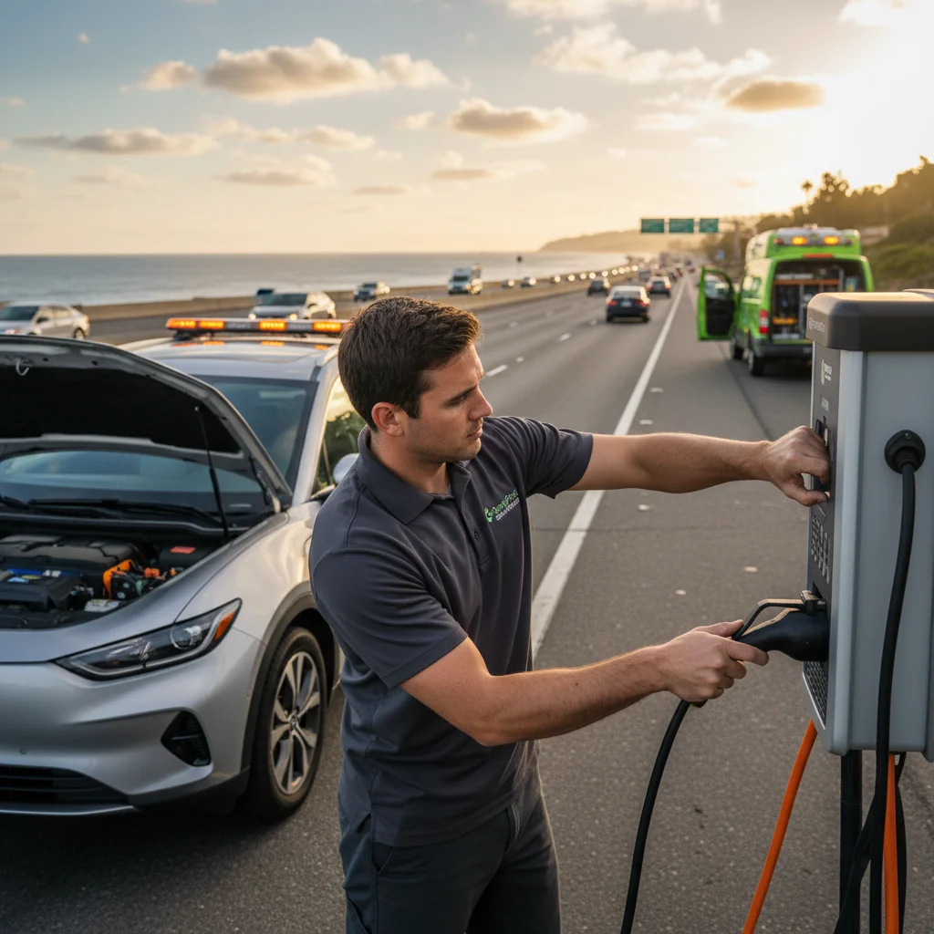 Roadside operator standing next to a stranded EV on a paved shoulder