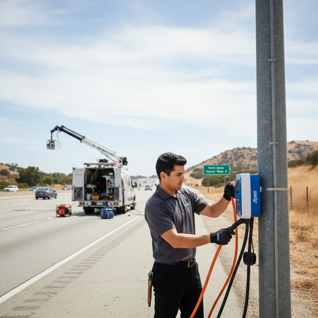 An electric car stopped on a paved shoulder with hazard lights and a closed charge port