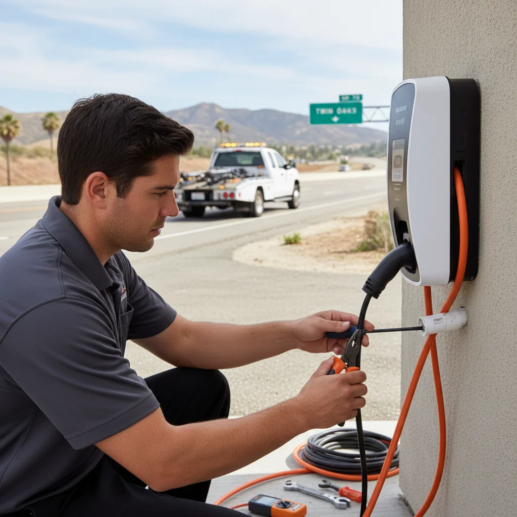 A technician connecting a portable charger cable to an electric car at the curb