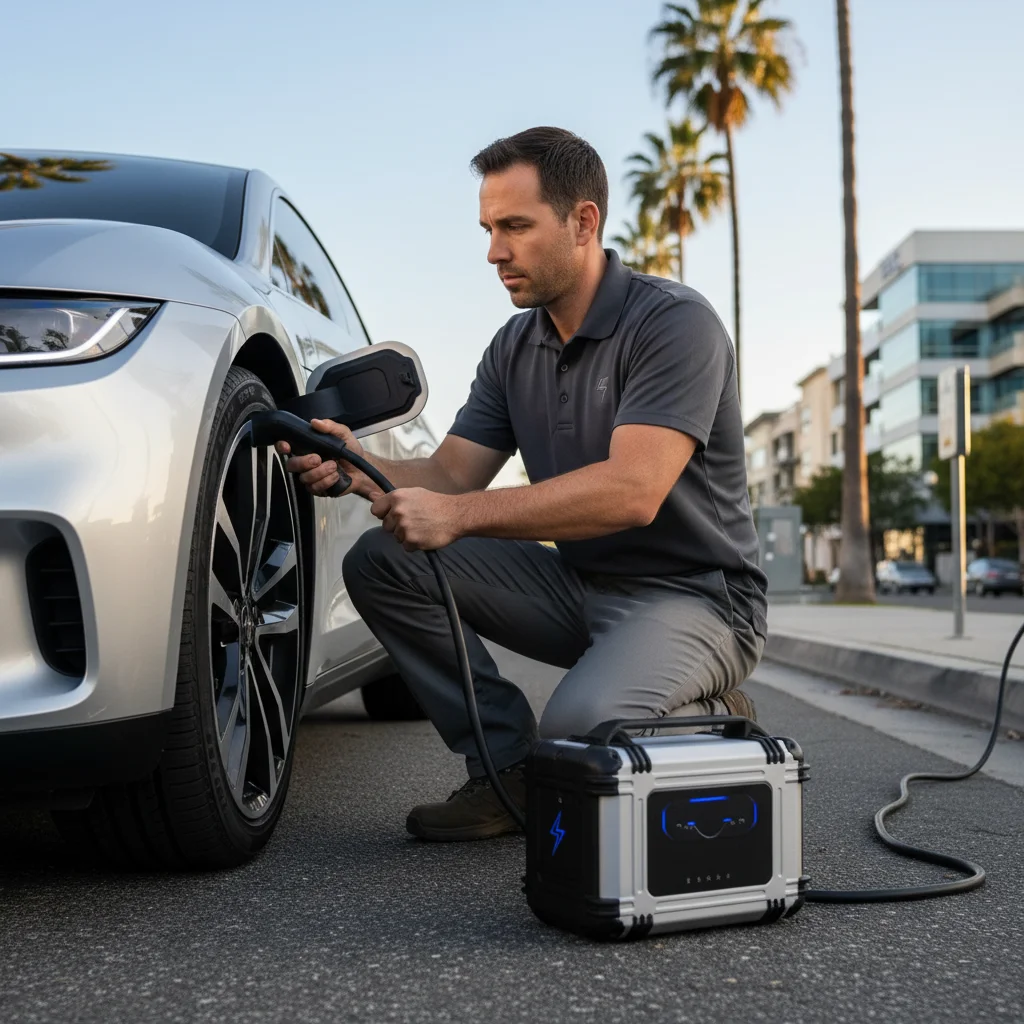 Charging cable plugged into an electric car port beside a mobile rescue vehicle
