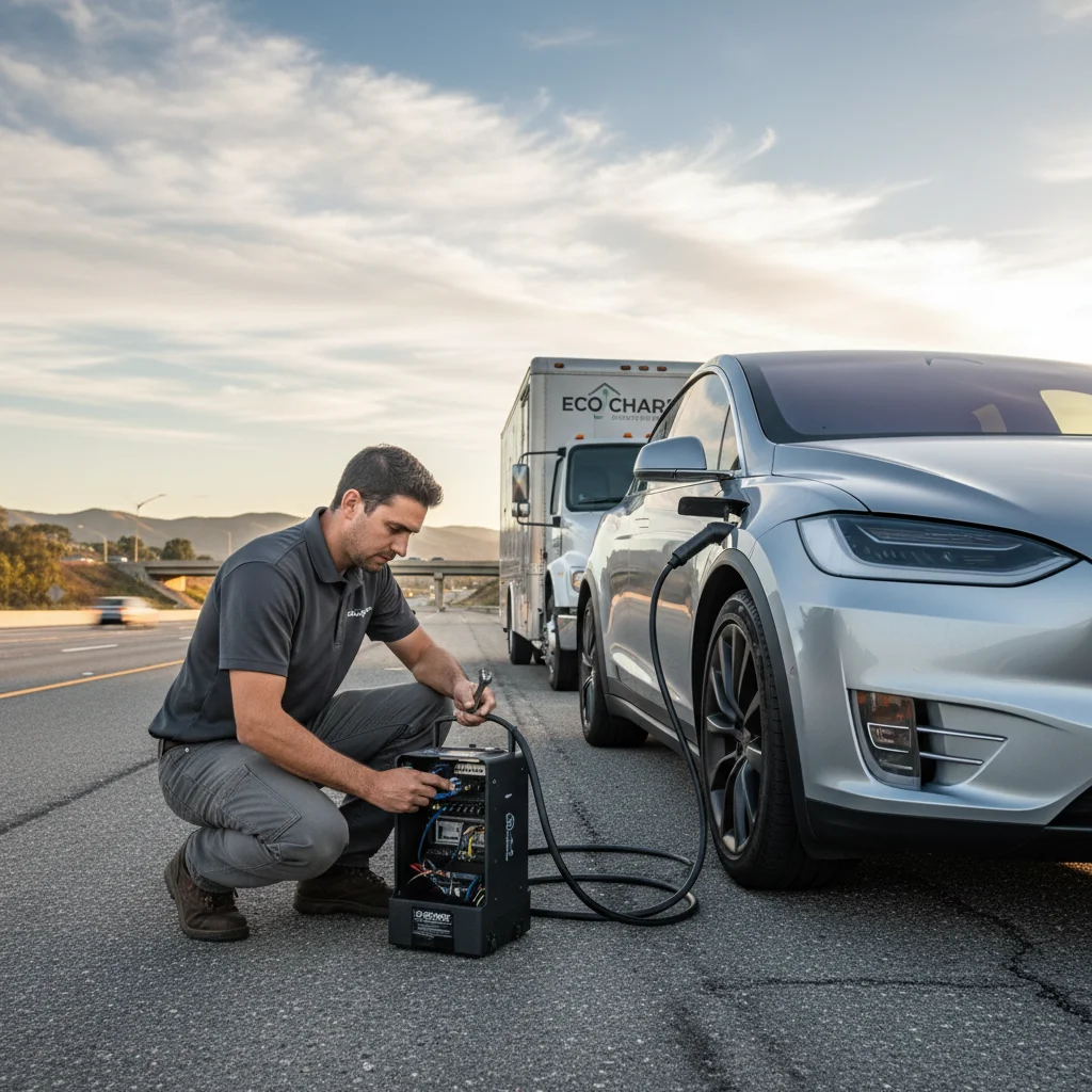An electric SUV stopped on a freeway shoulder with hazard lights on as traffic passes